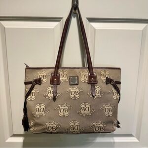 Dooney & Bourke Sig Jacquard Davis Tassel Tote Bag Brown Tan Purse Handbag
